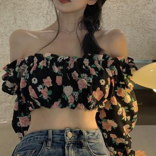 Long-sleeve Off-shoulder Flower Print Crop Top Black - One Size