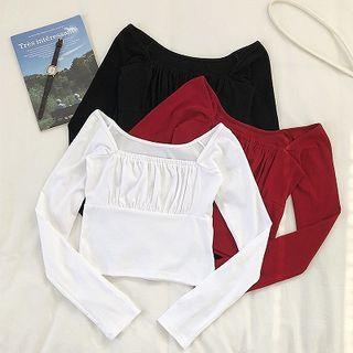 Plain Square-neck Frilled Long-sleeve Top