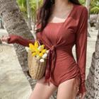Set: Spaghetti Strap Swimsuit + Tie-front Cropped Jacket