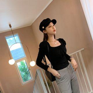Square-neck Puff-shoulder Shirred Top