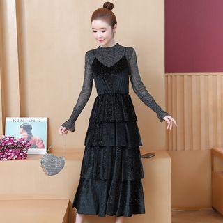 Set: Glitter Long-sleeve Top + Layered A-line Midi Pinafore Dress