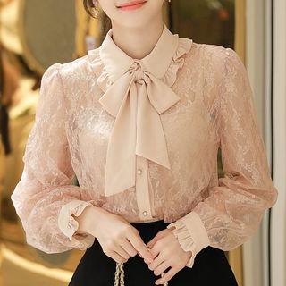 Tie-neck Frill-edge Lace Blouse