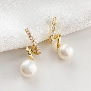 Faux Pearl Rhinestone Alloy Dangle Earring 1 Pair - Clip On Earring - Freshwater Pearl - Gold - One Size