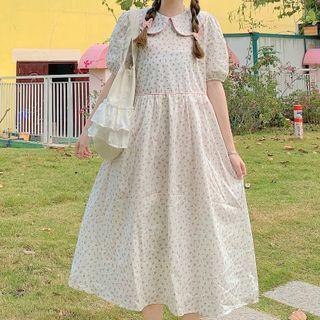 Short-sleeve Floral Print Midi A-line Dress Pink Floral - White - One Size