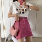 Short-sleeve Graphic Print T-shirt / Frayed Denim A-line Mini Skirt