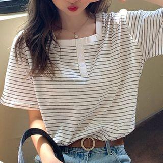 Short-sleeve Henley Striped Top