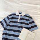 Striped Short-sleeve Polo Shirt Stripe - Navy Blue - One Size