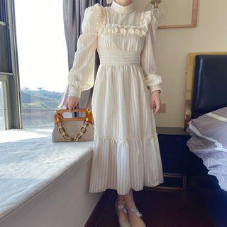 Ruffle Trim Faux Pearl Midi A-line Dress