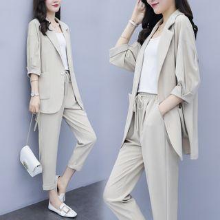 Set: 3/4-sleeve Single-button Blazer + Cropped Straight Leg Pants
