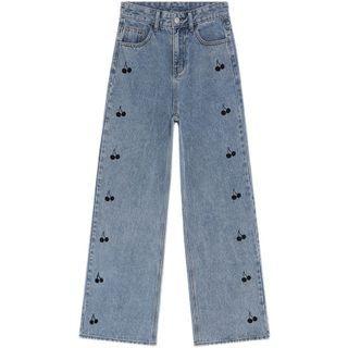 Cherry Print Wide-leg Jeans