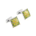 Fashion Vintage Green And Yellow Enamel Pattern Geometric Square Cufflinks Silver - One Size
