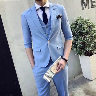 Set: Plain 3/4-sleeve Blazer + Vest + Dress Pants