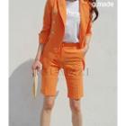 Set: Padded Shoulder Contrast-trim Blazer + Straight-cut Shorts
