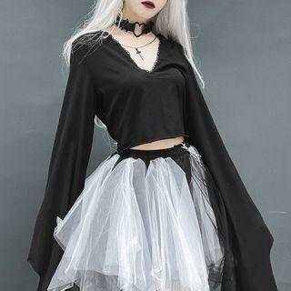Wide-sleeve Plain Crop Top