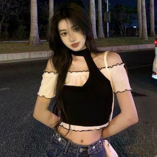 Mock Two-piece Short-sleeve Cold Shoulder Frill Trim Crop Top Black & White - One Size
