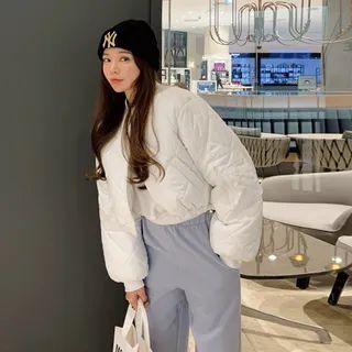 Drawstring-hem Cropped Quilted Bomber Jacket