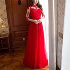 Embellished 3/4-sleeve Mandarin Collar A-line Evening Gown