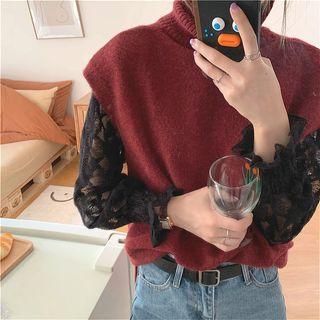 Plain Turtle-neck Knit Vest / Lace Sheer Top