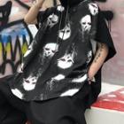 Elbow-sleeve Printed Hoodie Black - One Size