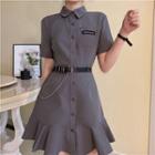 Set: Faux Leather Belt + Short-sleeve Ruffle Hem Mini Shirtdress