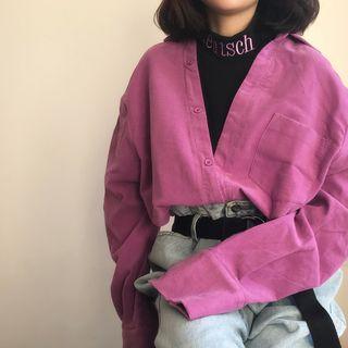 Mock-two Lettering Corduroy Long-sleeve Shirt