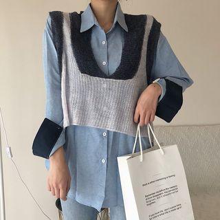 Contrast Cuff Shirt / Two Tone Knit Vest