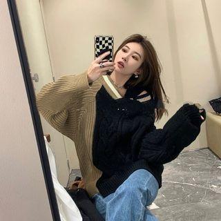 Long Sleeve Color Block Cutout Sweater