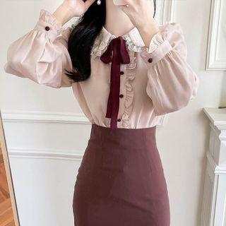 Lace-collar Frilled Blouse With Sash