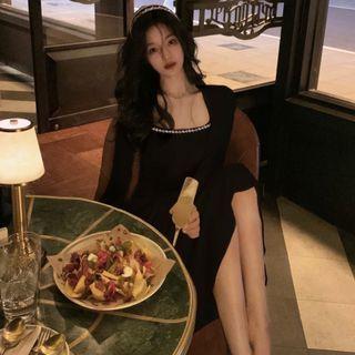 Square-neck Rhinestone Midi Knit Dress