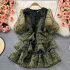 Puff Sleeve Floral Print Layered Chiffon Dress Green - One Size