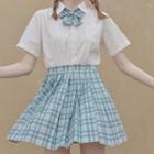 Set: Short-sleeve Shirt + Plaid Pleated Skirt + Bot Tie