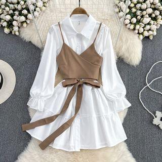 Inset Wrapped Camisole Long Sleeve A-line Shirt Dress