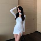 Plain Mock-neck Cutout Long-sleeve Split Mini Dress