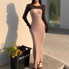 Long-sleeve Crop Top / Spaghetti Strap Maxi Sheath Dress / Set
