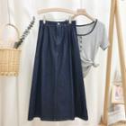 Contrast Stitching Denim Midi A-line Skirt Dark Blue - One Size