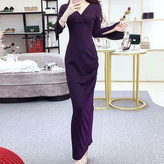 Glitter Slit-sleeve V-neck Maxi Sheath Dress