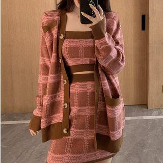Plaid Cardigan / Sleeveless Knit Top / Mini Skirt / Set