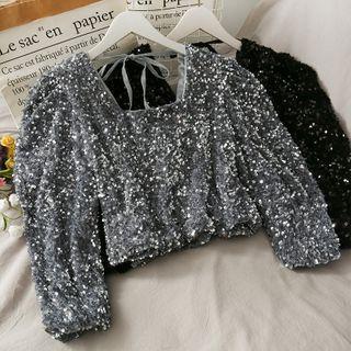 Sequined Square-neck Crop Top