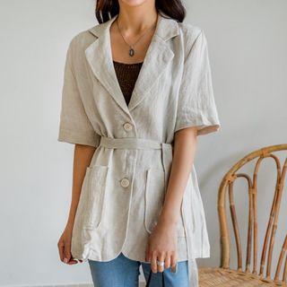 Short-sleeve Single-breasted Blazer With Sash
