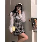 Puff-sleeve Shirred Blouse / Plaid Overall Dress