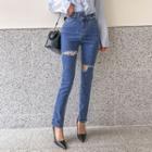 Asymmetric Mid-rise Ripped Straight-cut Jeans