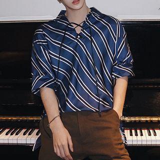 Elbow-sleeve Striped Satin Top