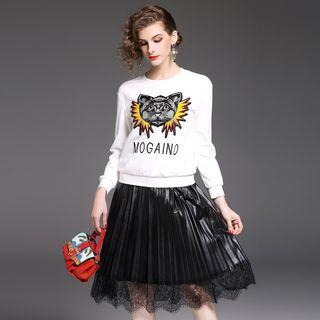 Set: Embroidered Pullover + Lace Trim Pleated Skirt