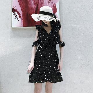 Short-sleeve Cutout Dotted A-line Mini Dress