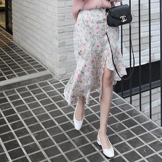 Asymmetric-hem Floral Midi Skirt