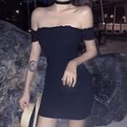 Short-sleeve Off-shoulder Striped Mini Sheath Dress