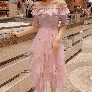 Off-shoulder Midi Mesh Dress