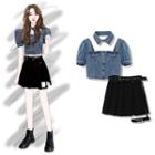 Square-neck Denim Cropped Blouse / High-waist Plain Pleated A-line Mini Skirt