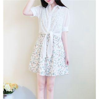 Set: Short-sleeve Tie Waist Shirt + Sleeveless A-line Dress