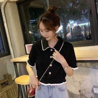 Button Ruffle-trim Short-sleeve Blouse Black - One Size
